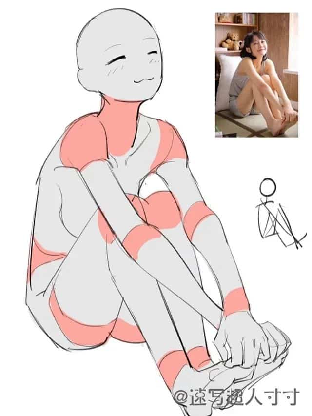 Sketch of a seated character with a joyful expression, used as a drawing reference.