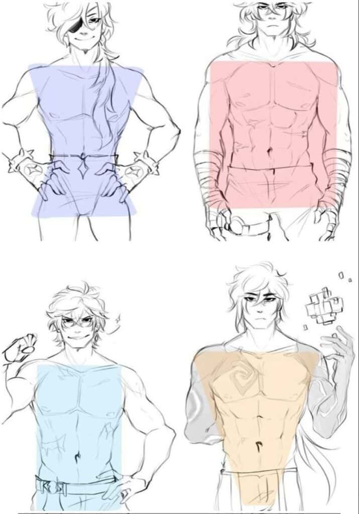 Anime character designs with distinct torsos marked in various colors, showcasing a variety of styles and poses.