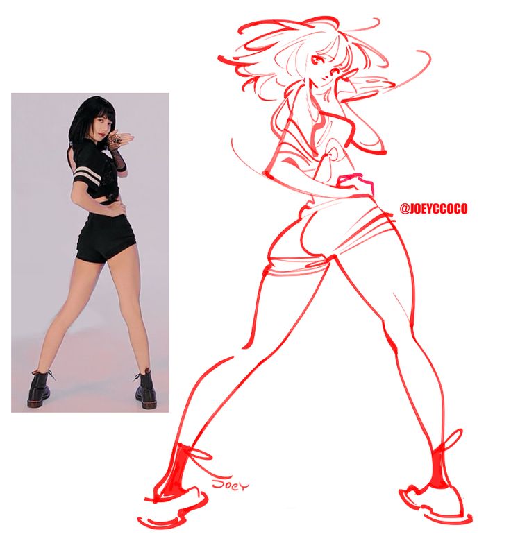 Stylish woman posing with confident stance next to dynamic fashion illustration, both in similar outfits.