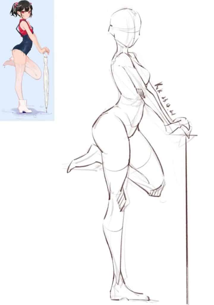 Anime girl with umbrella sketch and finished illustration, wearing blue swimsuit and white boots, one leg raised.