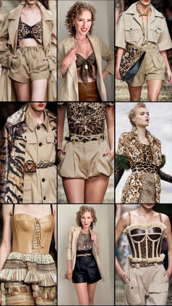 Fashion collage featuring animal print outfits, mixing leopard, zebra, and safari styles for a bold, trendy look.