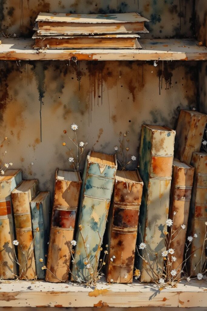 Old books on a weathered shelf with wildflowers, creating a rustic, nostalgic atmosphere.