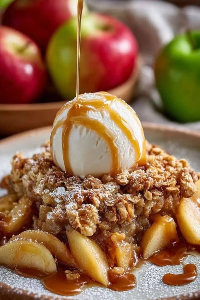 Apple Crumble Recipe_ The Ultimate Comforting Dessert Delicious apple crumble topped with vanilla ice cream and caramel drizzle, with fresh apples in the background. | Sky Rye Design Delicious apple crumble topped with vanilla ice cream and caramel drizzle, with fresh apples in the background.