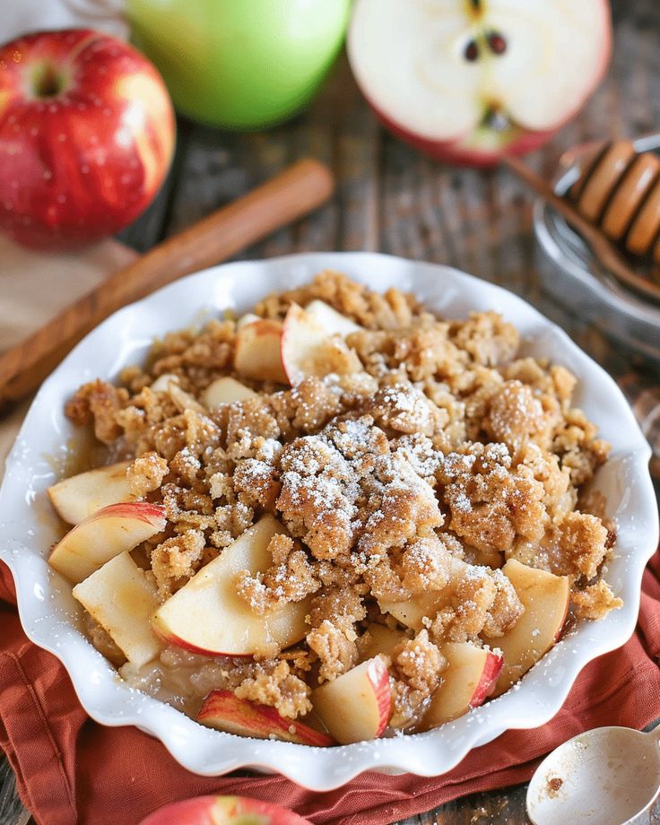 Apple Crumble _ Laura Cooks Homemade apple crumble in a white dish with fresh apples, sprinkled with powdered sugar on a rustic wooden table. | Sky Rye Design Homemade apple crumble in a white dish with fresh apples, sprinkled with powdered sugar on a rustic wooden table.