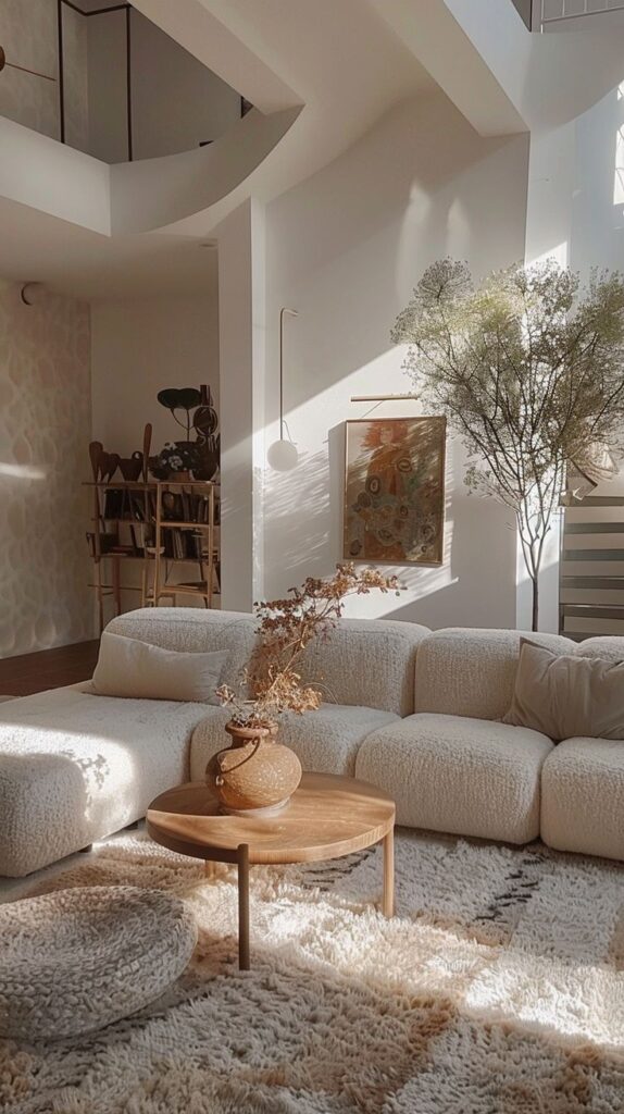 April Midjourney Design Dump_ Fresh Ideas for Modern Interiors Living Bright Interiors Modern living room with cozy white sofa, round wooden table, and lush greenery in natural light. | Sky Rye Design Modern living room with cozy white sofa, round wooden table, and lush greenery in natural light.