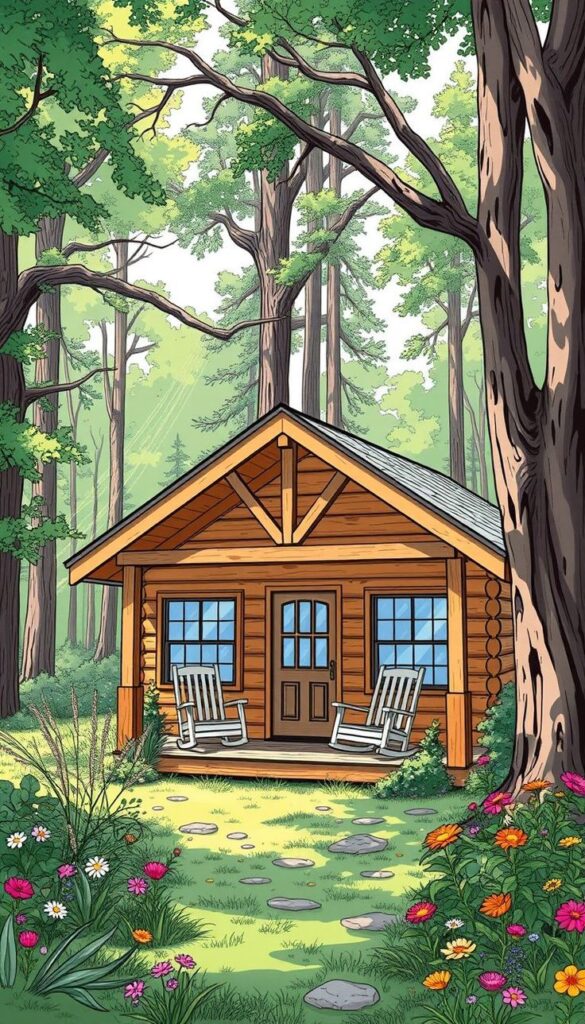 Cozy log cabin in forest with rocking chairs on porch, surrounded by colorful flowers and tall trees.