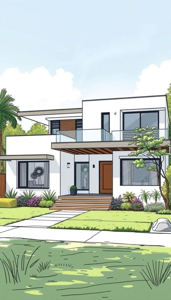 Modern white two-story house with large windows and a landscaped garden in front, under a clear blue sky.