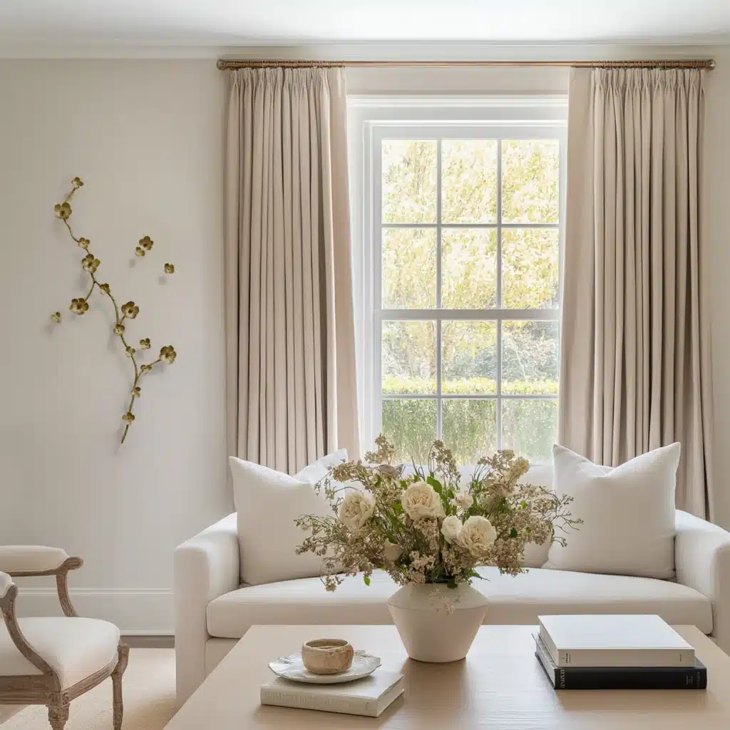 Aria_livingroom_mockup_crop Elegant living room with beige curtains, large window, and floral centerpiece on a light wood table in bright natural light. | Sky Rye Design Elegant living room with beige curtains, large window, and floral centerpiece on a light wood table in bright natural light.