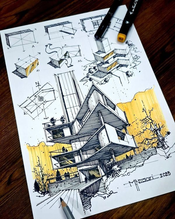 Architectural sketch of a modern building design with yellow accents and detailed structural notes.