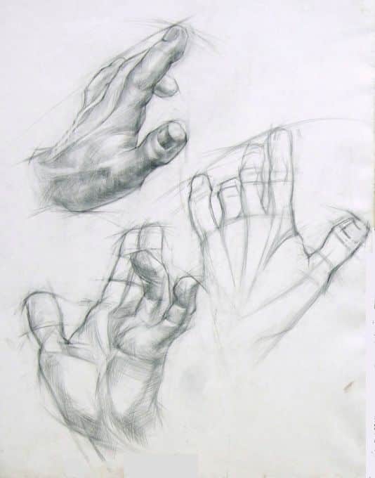Sketch of three hands in different positions, detailed pencil drawing on paper.