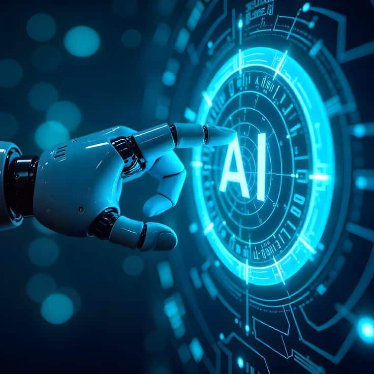 Artificial Intelligence AI 🤖✨ Robotic hand interacting with futuristic AI interface, symbolizing advanced artificial intelligence technology. | Sky Rye Design Robotic hand interacting with futuristic AI interface, symbolizing advanced artificial intelligence technology.