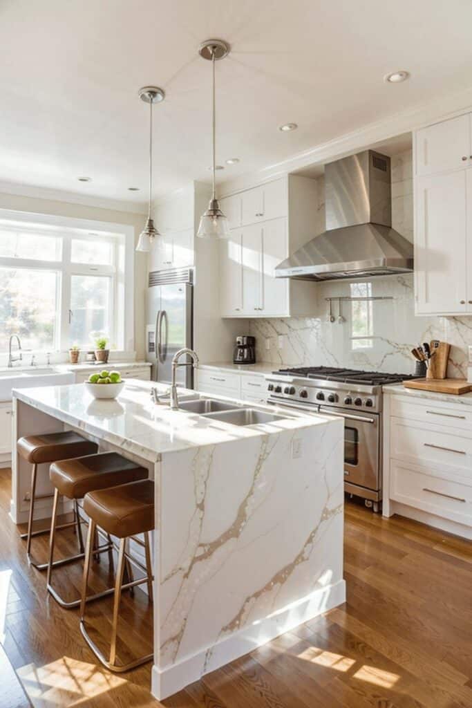 Avoid 9 Things if You HATE Cleaning_ Low-Maintenance Living with Smart Cleaning Hacks Tips _ Bright modern kitchen with marble island, stainless steel appliances, and wooden flooring. | Sky Rye Design Bright modern kitchen with marble island, stainless steel appliances, and wooden flooring.