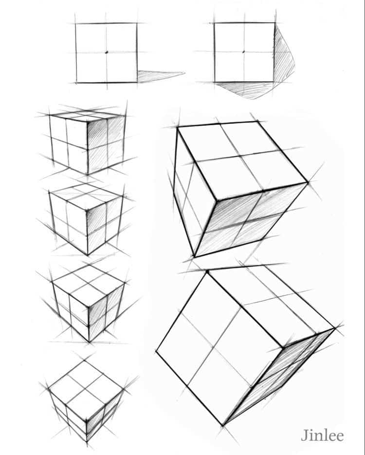 Step-by-step guide to drawing 3D cubes with sketch lines and shading techniques.