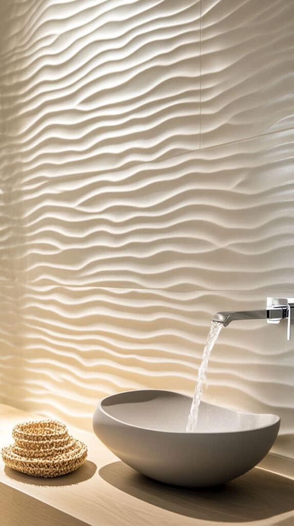 Modern bathroom with wave-patterned wall, sleek faucet, and elegant bowl sink on wooden counter.