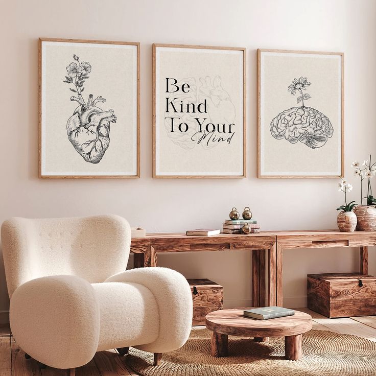 Be Kind to Your Mind Wall Art - Gallery wrapped Canvas _ 8x10 Cozy living room with abstract heart and brain art and Be Kind To Your Mind quote, featuring a plush armchair. | Sky Rye Design Cozy living room with abstract heart and brain art and Be Kind To Your Mind quote, featuring a plush armchair.