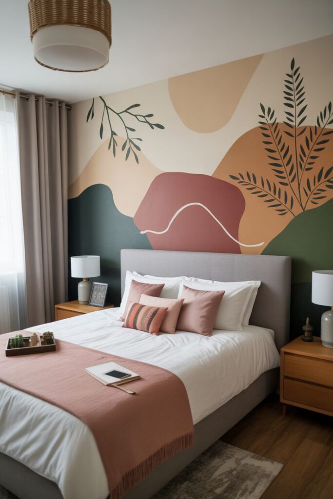 Stylish bedroom with abstract mural, cozy bed, pink accents, wood nightstands, and natural light from the window.