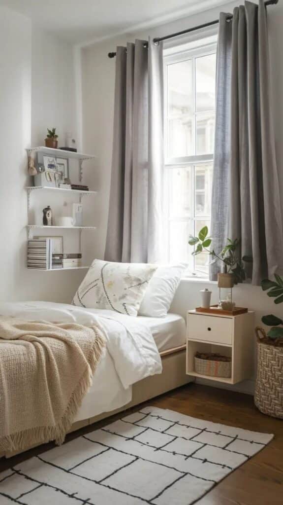 Cozy bedroom with a minimalist design featuring neutral tones, large window, and decorative shelves.