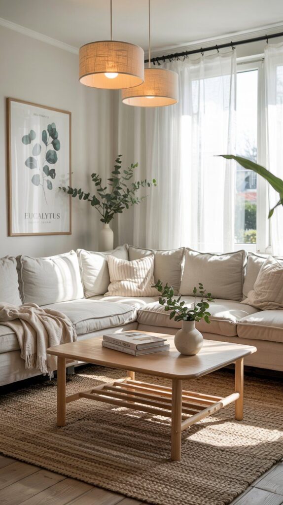 Beige Living Room Makeover Ideas You Need to See Cozy living room with beige sectional sofa, wooden coffee table, and modern decor in natural light. | Sky Rye Design Cozy living room with beige sectional sofa, wooden coffee table, and modern decor in natural light.