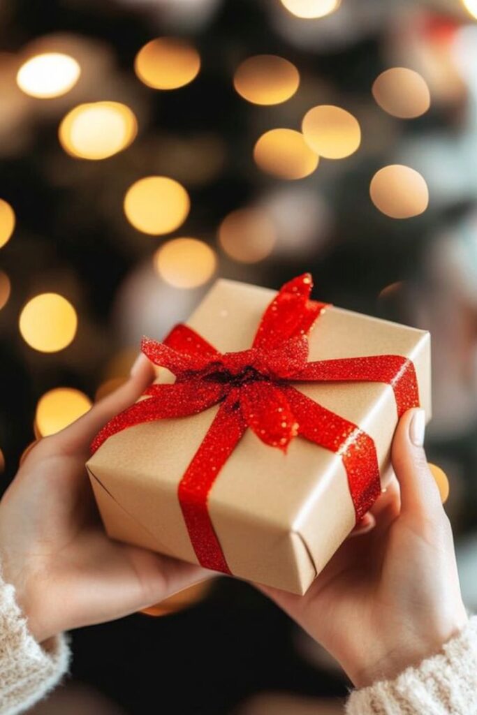 Gift wrapped in gold paper with a red ribbon, held in hands, in front of twinkling holiday lights.