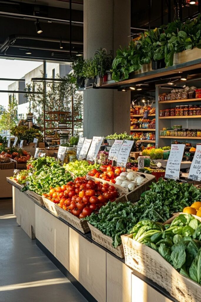 Best Cities for Eco-Conscious Foodies Fresh produce display in a grocery store, featuring tomatoes, greens, and organic vegetables on wooden shelves. | Sky Rye Design Fresh produce display in a grocery store, featuring tomatoes, greens, and organic vegetables on wooden shelves.