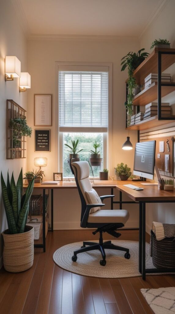 Cozy home office setup with wooden desk, ergonomic chair, computer, and indoor plants. Bright, minimalist workspace.