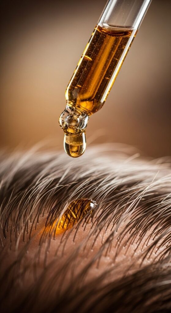 Dropper applying hair oil to scalp for nourishment and hair care.