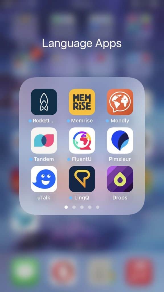 Screenshot of a smartphone folder labeled Language Apps featuring icons for various language learning applications.