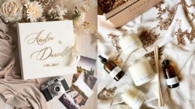 Wedding memory book, vintage camera, photos, and candles create a cozy, nostalgic atmosphere.