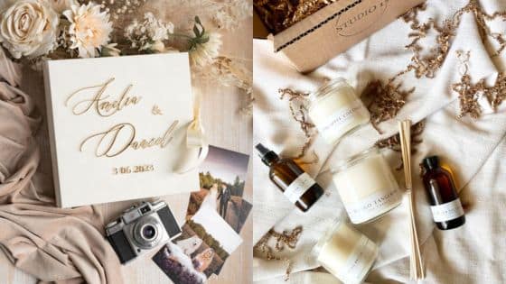 Best Last Minute Wedding Gifts for Every Couple Wedding memory book, vintage camera, photos, and candles create a cozy, nostalgic atmosphere. | Sky Rye Design Wedding memory book, vintage camera, photos, and candles create a cozy, nostalgic atmosphere.