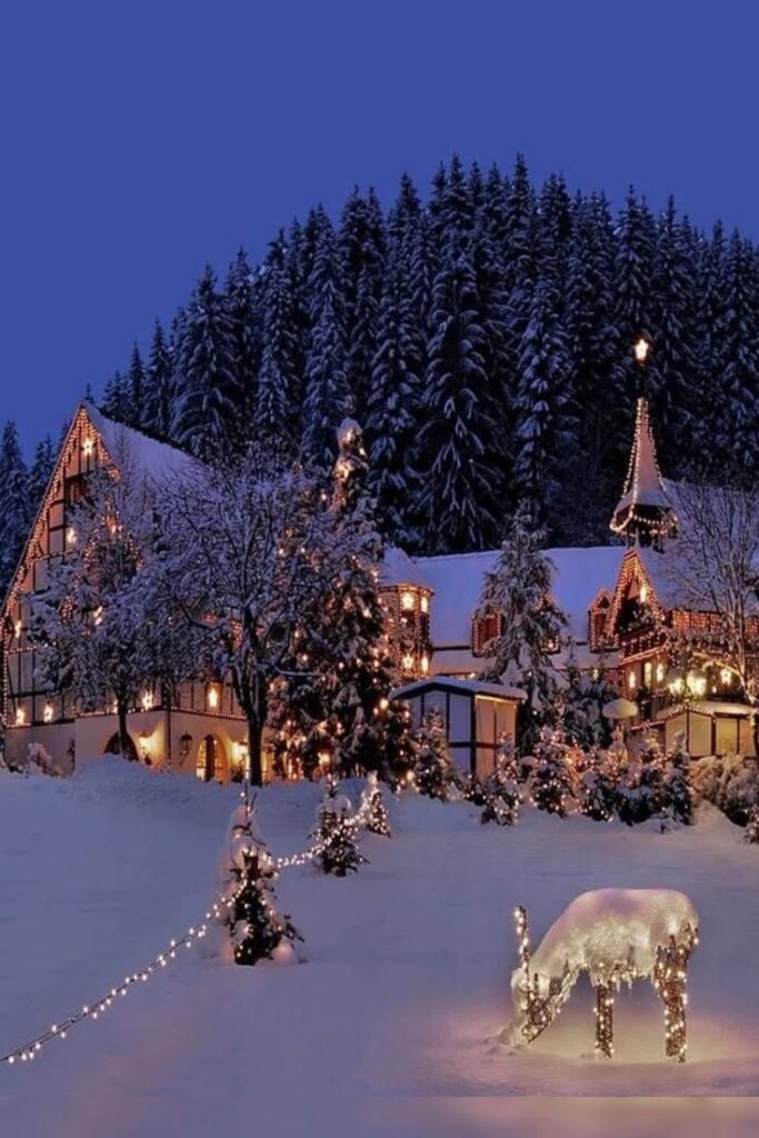 Best places to visit on Christmas new year 2021 Enchanting winter scene with illuminated snow-covered cottage and festive decorations in a serene pine forest. | Sky Rye Design Enchanting winter scene with illuminated snow-covered cottage and festive decorations in a serene pine forest.
