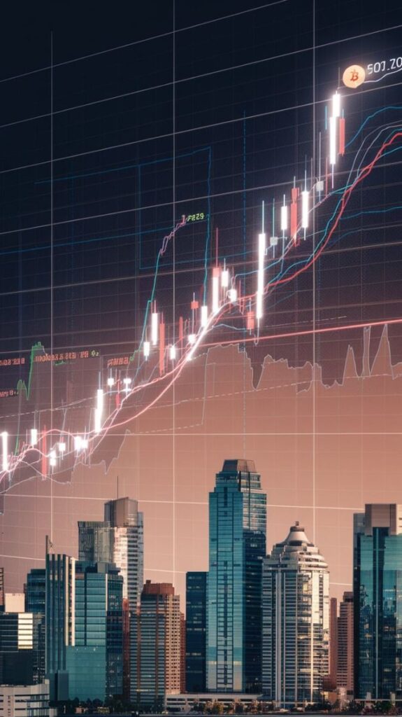 City skyline with a rising cryptocurrency stock chart, symbolizing financial growth and investment potential.