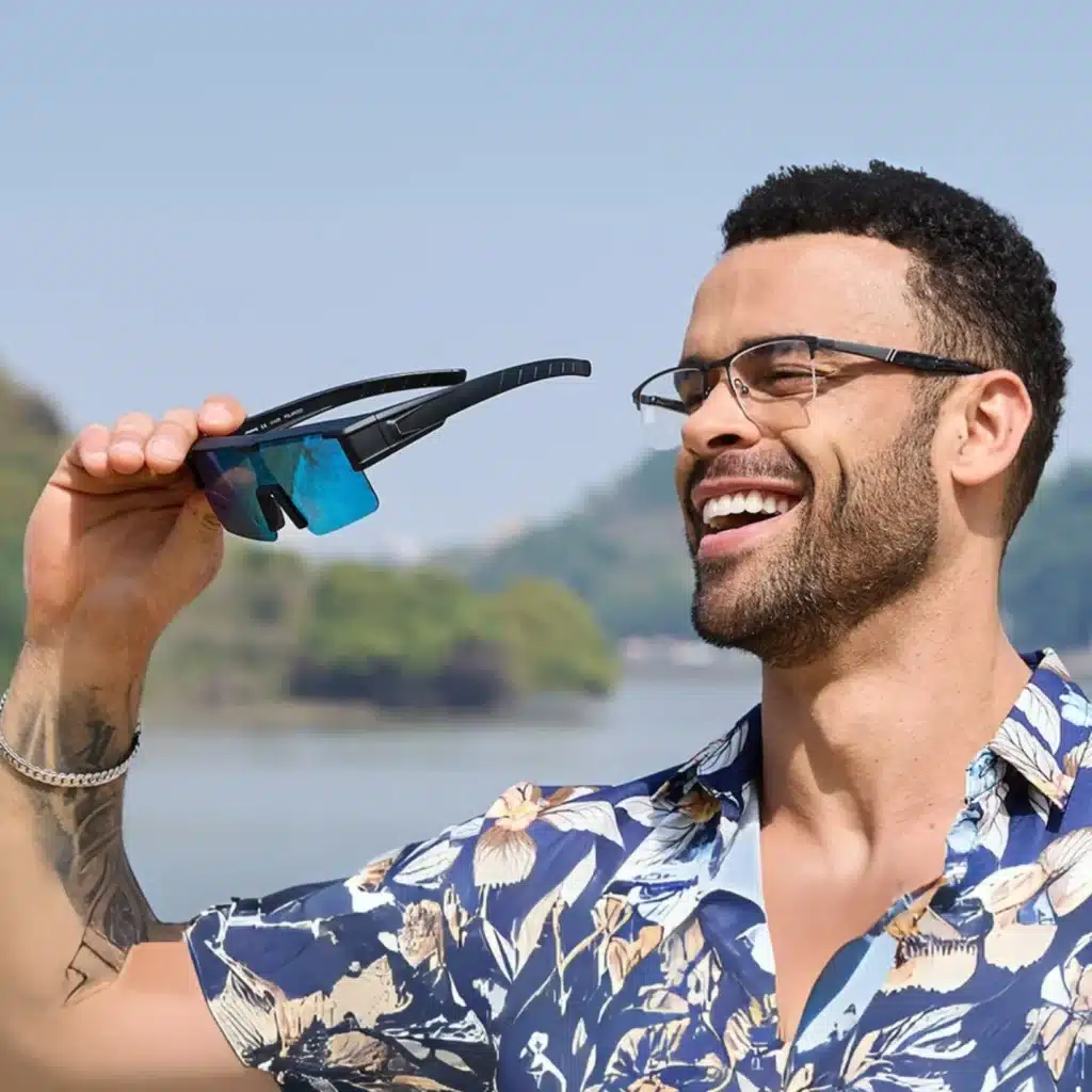 Black_White_Minimal_Modern_Simple_Bold_Business_Mag_Logo Smiling person holding blue sunglasses outdoors, wearing a floral shirt, near a scenic river background. | Sky Rye Design Smiling person holding blue sunglasses outdoors, wearing a floral shirt, near a scenic river background.