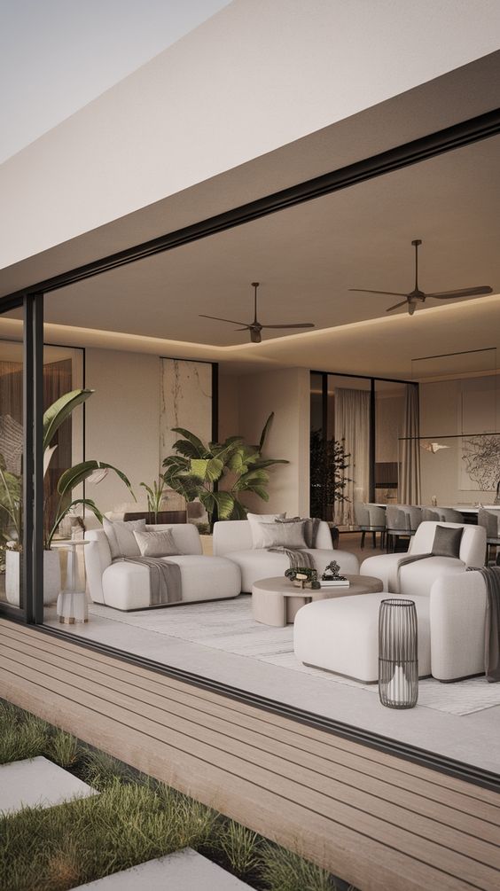 Modern outdoor living area with stylish furniture, plants, and seamless indoor-outdoor design.