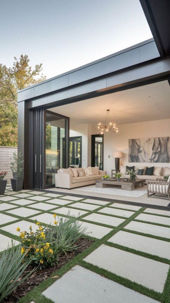 Modern patio with open living room, stylish furniture, and geometric garden design with blooming flowers.