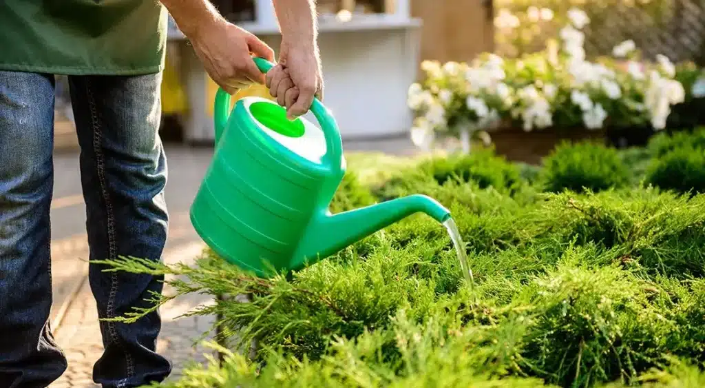 Gardener using a green watering can to water lush plants in a vibrant garden.