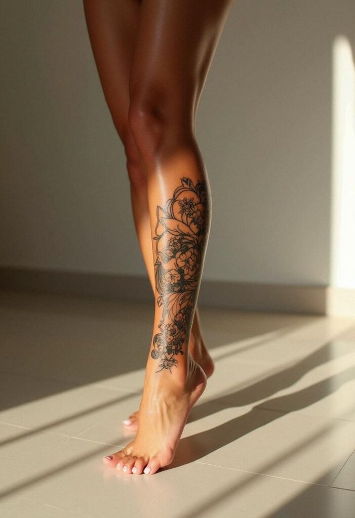 Bold Leg Tattoos Trends - Cozy Vibes Close-up of a leg with an intricate floral tattoo design basking in sunlight, highlighting the art's detail. | Sky Rye Design Close-up of a leg with an intricate floral tattoo design basking in sunlight, highlighting the art's detail.