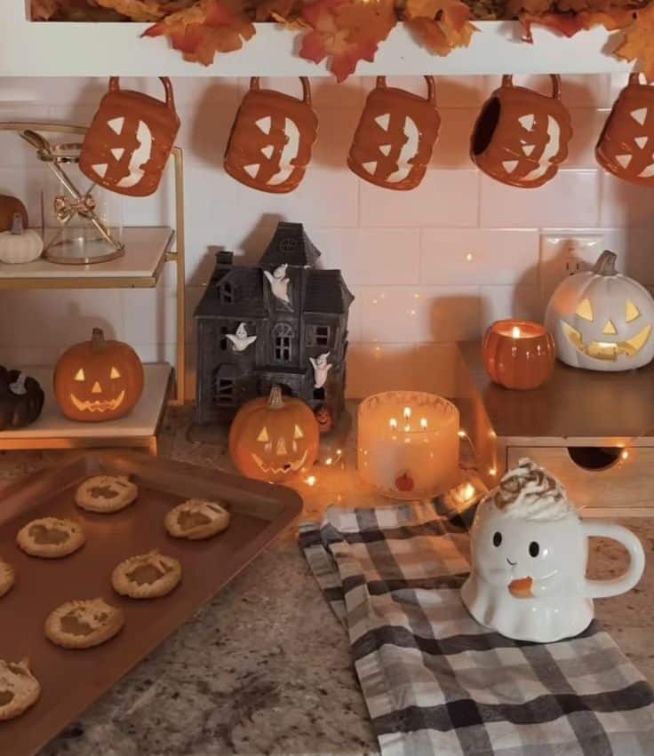 Cozy Halloween kitchen with pumpkin mugs, spooky decor, cookies, and a cute ghost mug on a checkered towel.