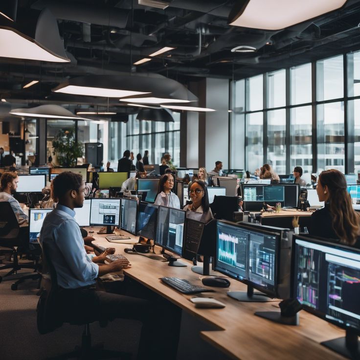 Busy modern office with employees working on computers, discussing at desks, in an open workspace.