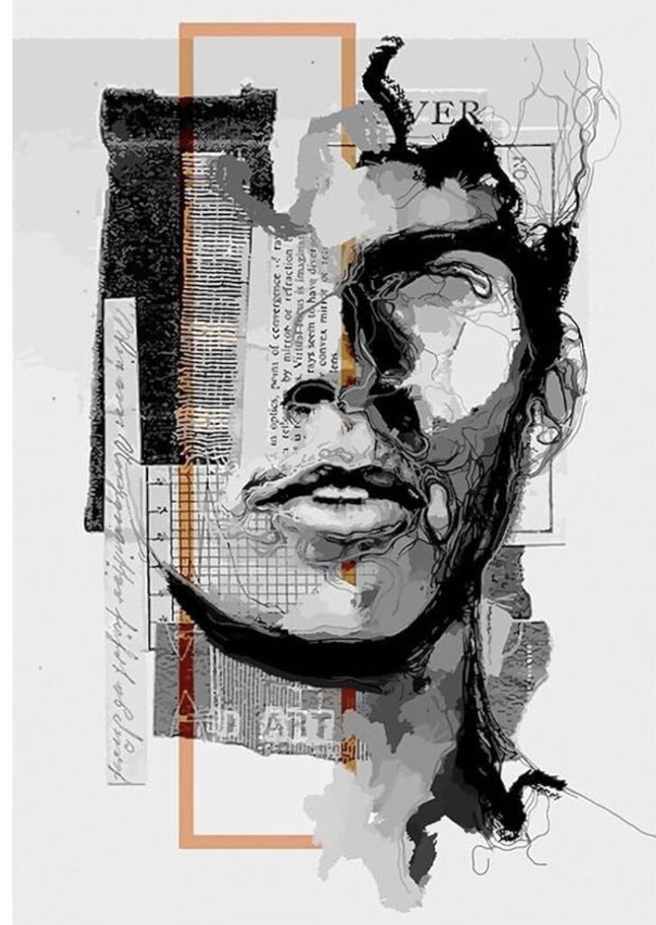 Abstract collage art of a face combined with textured newspaper and geometric elements in grayscale with orange accents.