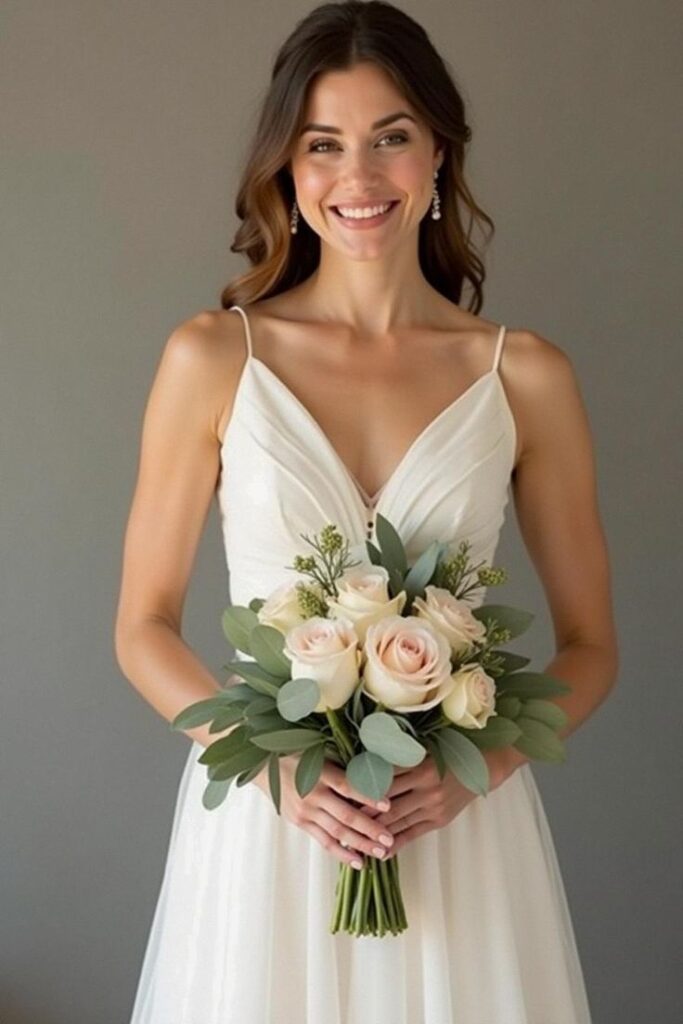 Bride in white gown holding elegant bouquet of pink roses and greenery, smiling joyfully.