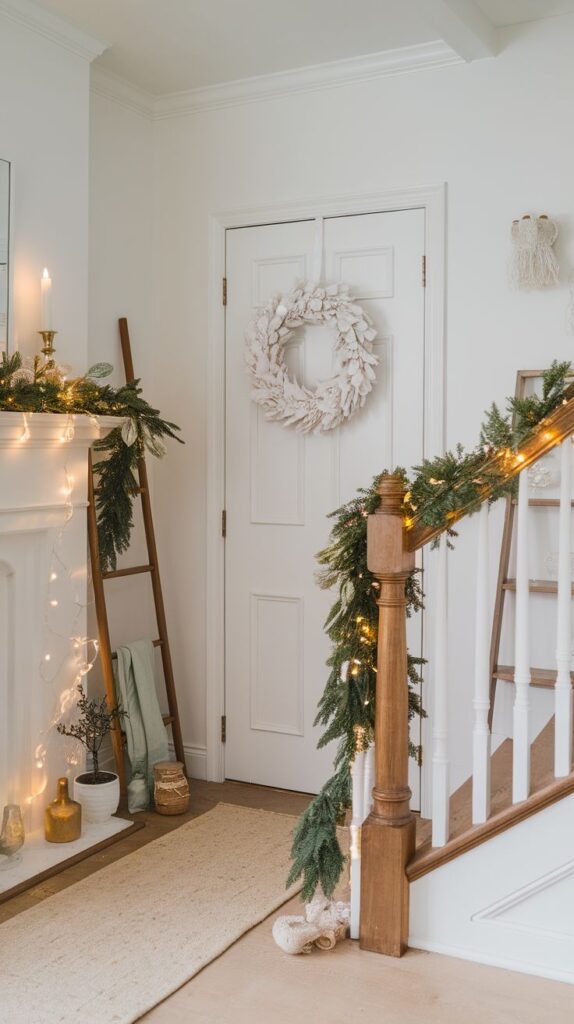 Bright and Airy Christmas Entryway Styling Ideas Festive holiday entryway with a white wreath, green garland, and warm lights on a staircase and fireplace mantle. | Sky Rye Design Festive holiday entryway with a white wreath, green garland, and warm lights on a staircase and fireplace mantle.