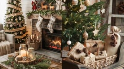 Cozy Christmas living room with decorated tree, wrapped gifts, fireplace, candles, and rustic holiday decor.