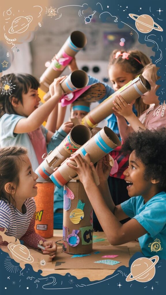 Bubbly Tots Learning Center Children crafting telescopes with cardboard tubes, immersed in space-themed activities and imagination. | Sky Rye Design Children crafting telescopes with cardboard tubes, immersed in space-themed activities and imagination.