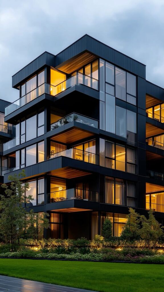 Modern multi-story building with illuminated balconies and sleek glass facade at dusk.