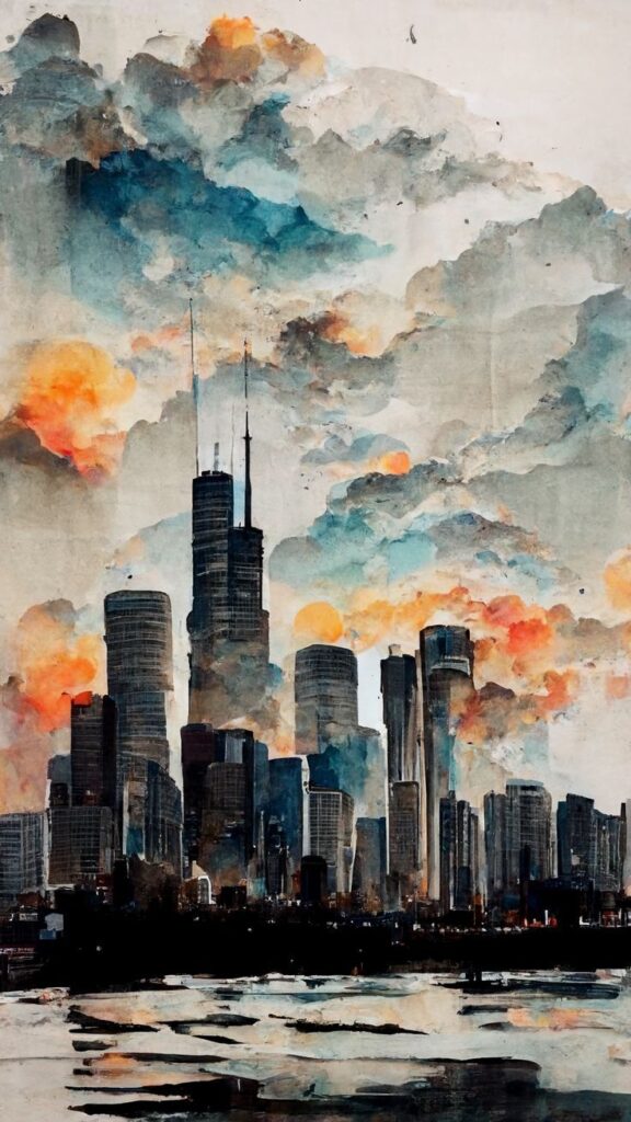 Watercolor city skyline with dramatic clouds and warm sunset hues.