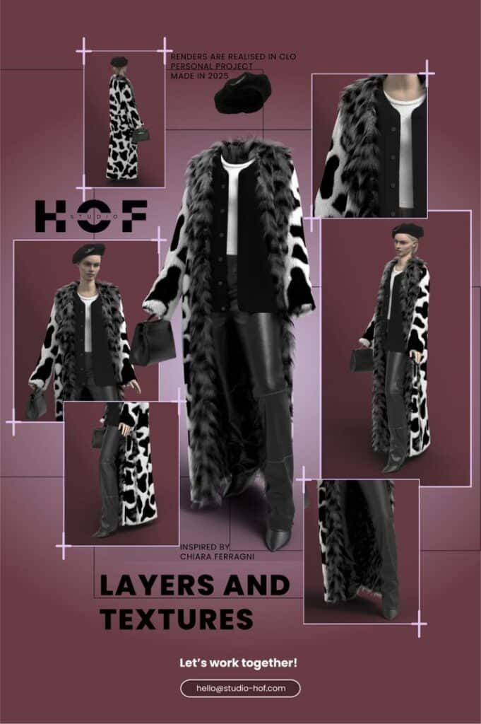 Fashionable black and white textured coat design on a model, inspired by Chiara Ferragni.