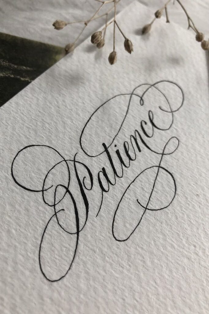 Elegant calligraphy of the word 'Patience' on textured paper with dried flowers.