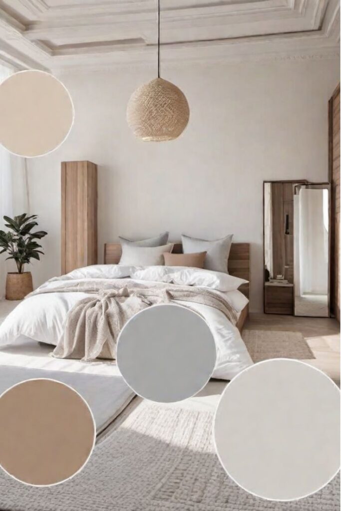 Can colors affect your sleep quality_ Minimalist bedroom with neutral tones, featuring a bed, plant, mirror, and natural light filtering in. | Sky Rye Design Minimalist bedroom with neutral tones, featuring a bed, plant, mirror, and natural light filtering in.