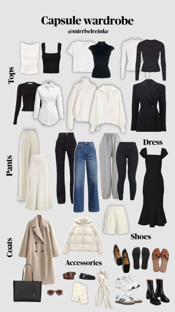 Capsule wardrobe collection including tops, pants, coats, dress, shoes, and accessories in neutral colors.