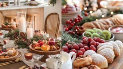 Festive holiday table with assorted pastries, fruits, candles, and greenery, creating a cozy and elegant dining atmosphere.